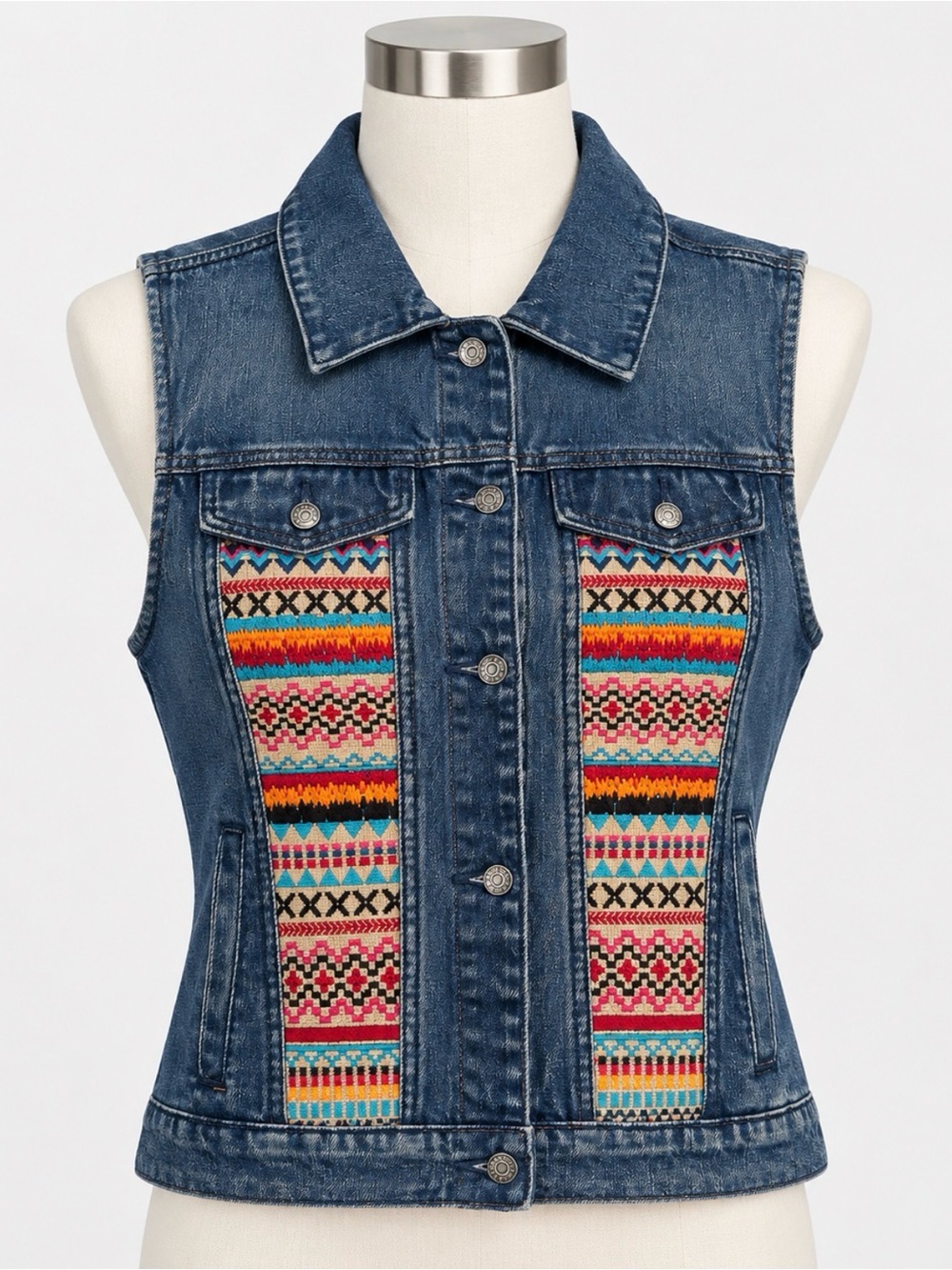 Women’s Blue Denim Sleeveless Vest with Multicolor Aztec Panels